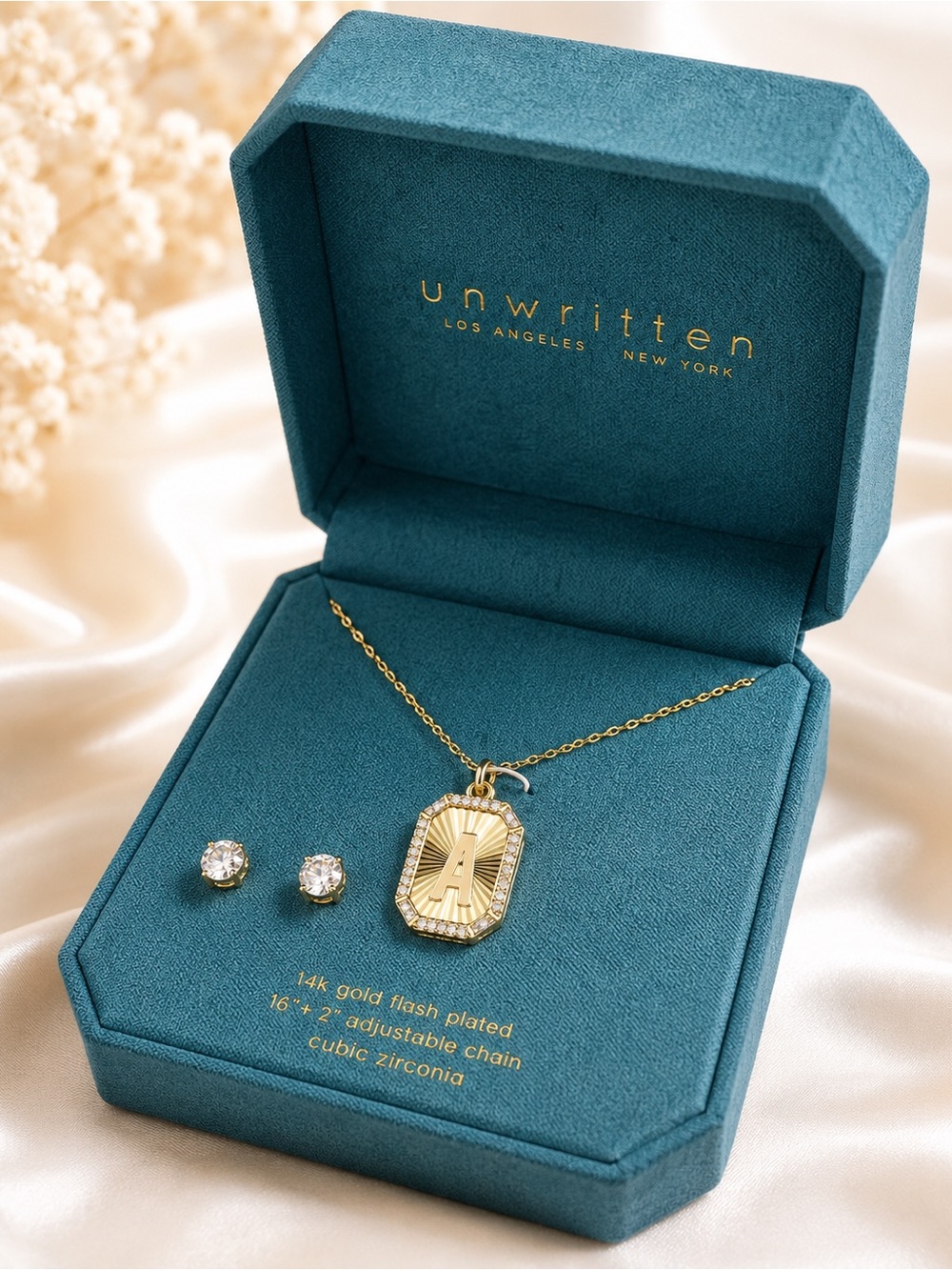 NWT Unwritten Gold-Tone Initial “A” Pendant Necklace & CZ Stud Earring Set - Picture 3 of 14